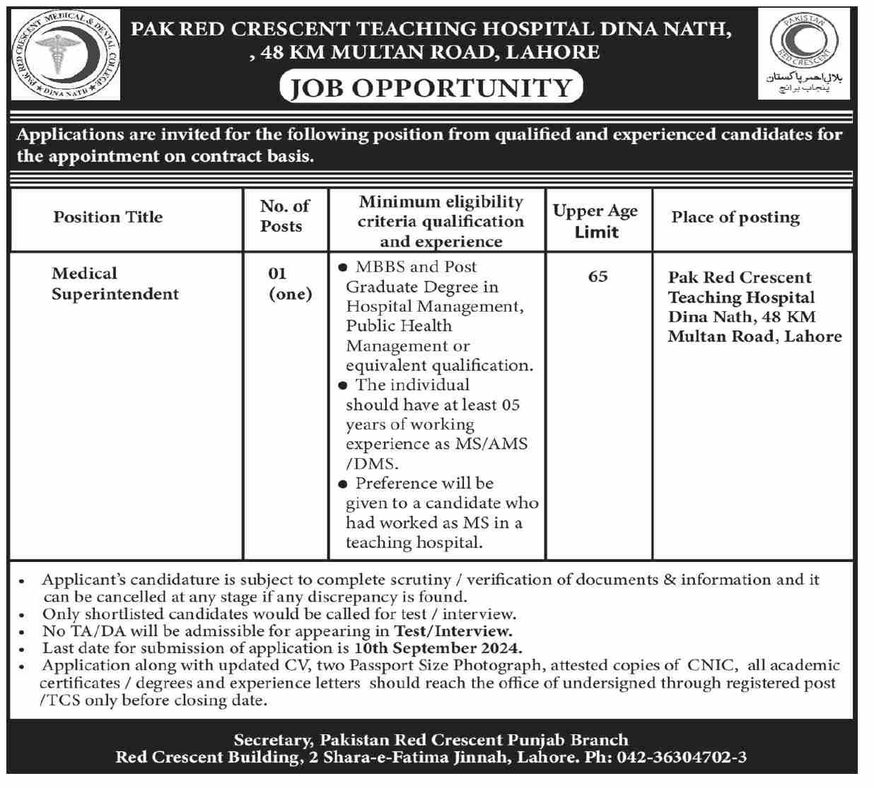 Pak Red Crescent Teaching Hospital Jobs