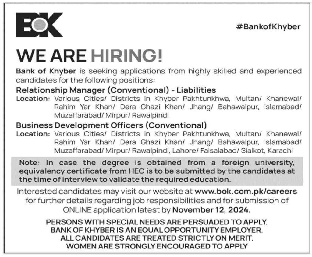 Jobs in Bank of Khyber Banking Jobs