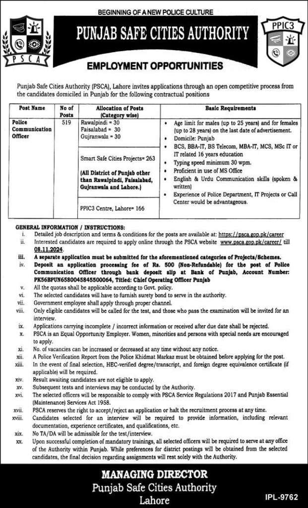 Police Communication Officer Jobs in Safe City Authority