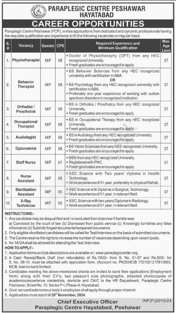 Paraplegic Centre Peshawar (PCP) Jobs 2024
