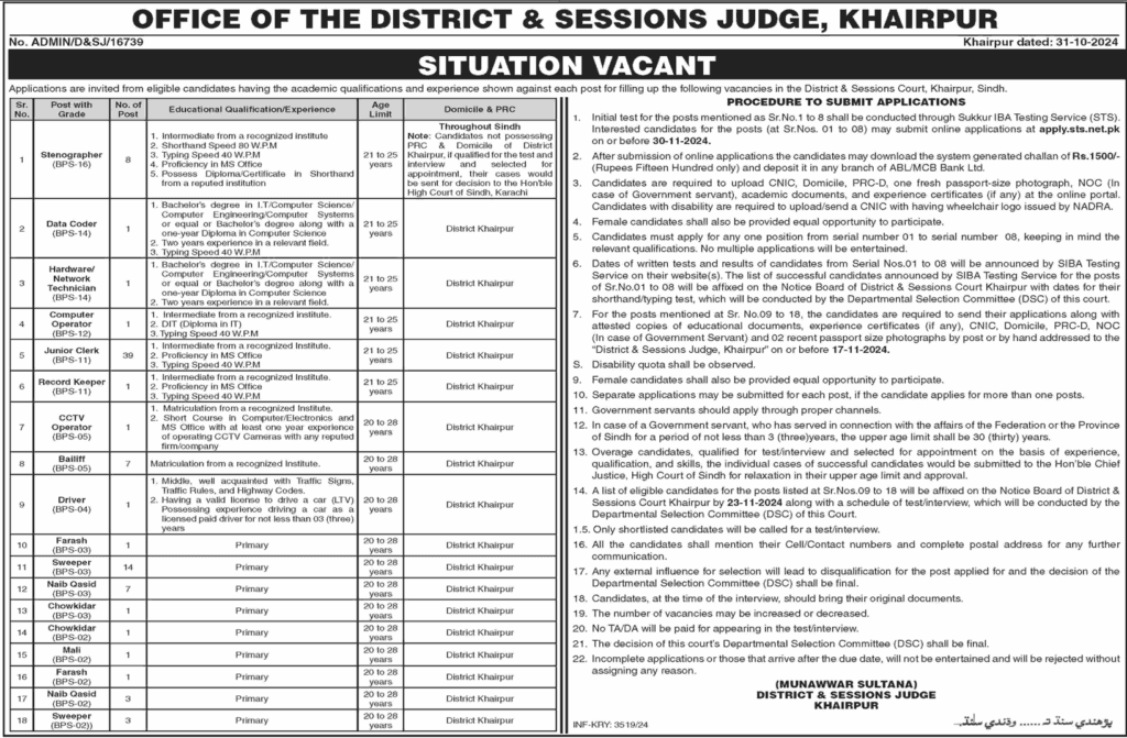 Khairpur Jobs Announced in Court