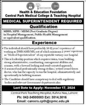 central park medical college lahore job announcement