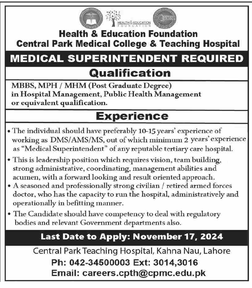 central park teaching hospital lahore job 2024