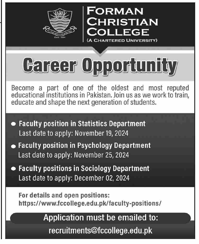 forman christian college karachi jobs 2024 jobs