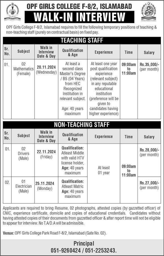 opf girls college islamabad jobs