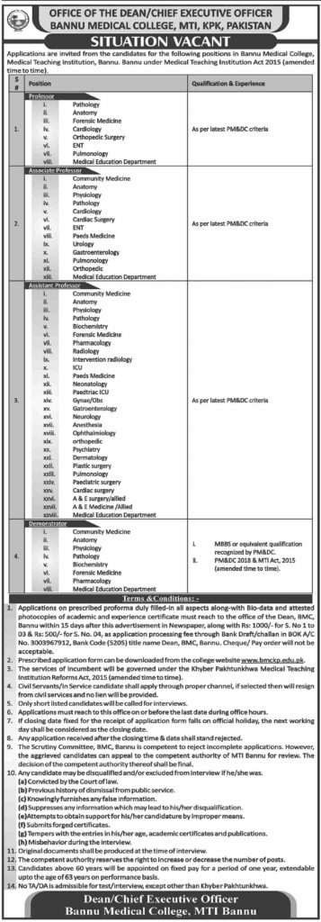 Jobs Vacancies in Bannu Medical College